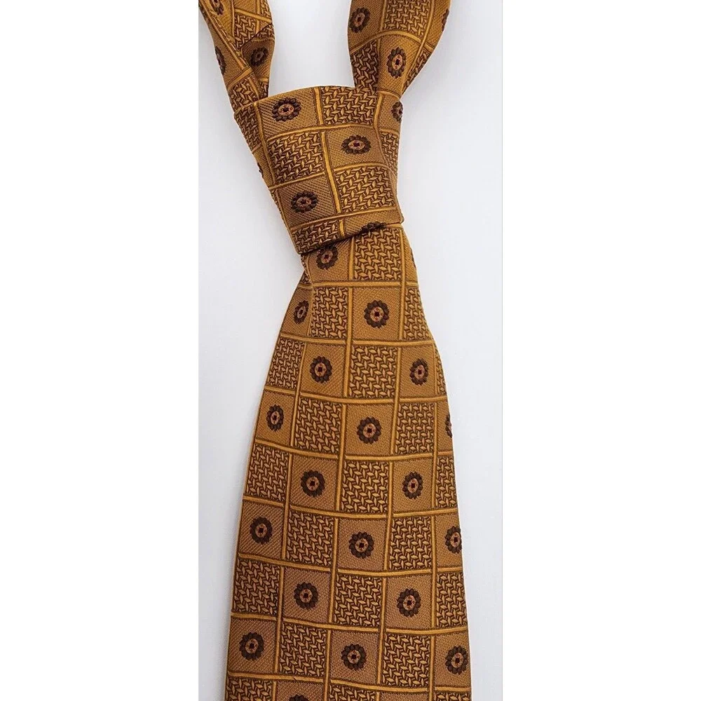 Stunning Vintage ROBERT TALBOTT Geometric Gold/Brown Hand Sewn SILK Necktie